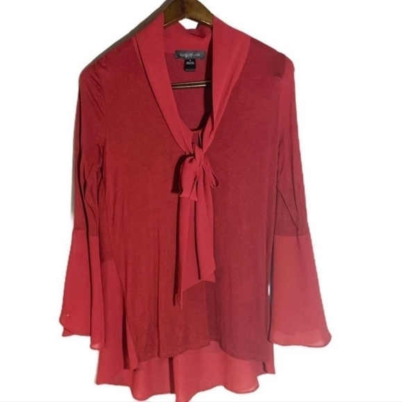 August Silk Red Super Soft Tie Neckline Blouse Women's Large L Bell Sleeve Boho - Picture 4 of 9